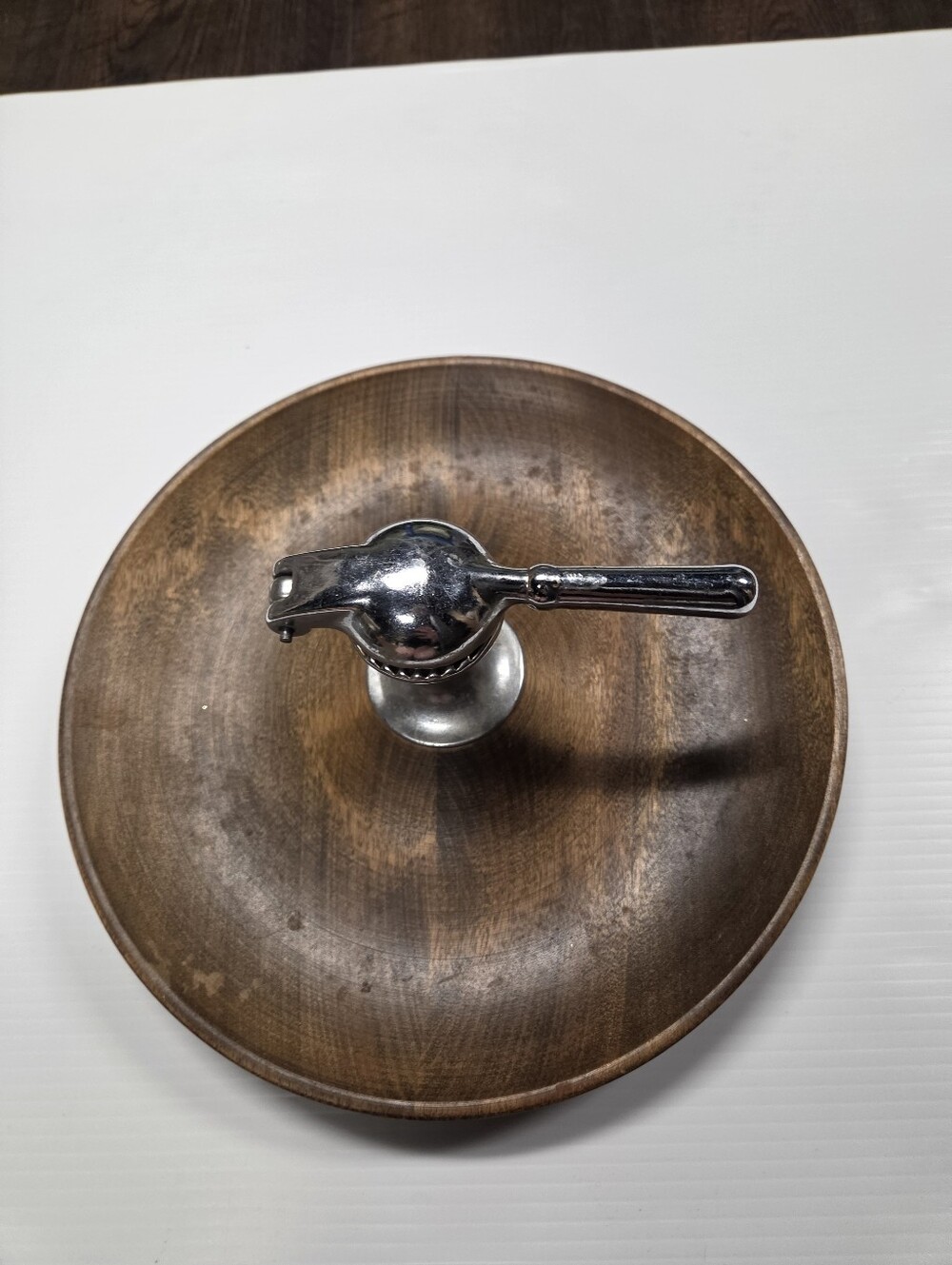 Vintage Mid-Century Modern Wood Nut Bowl with Attached Metal Nutcracker - Picture 6 of 7